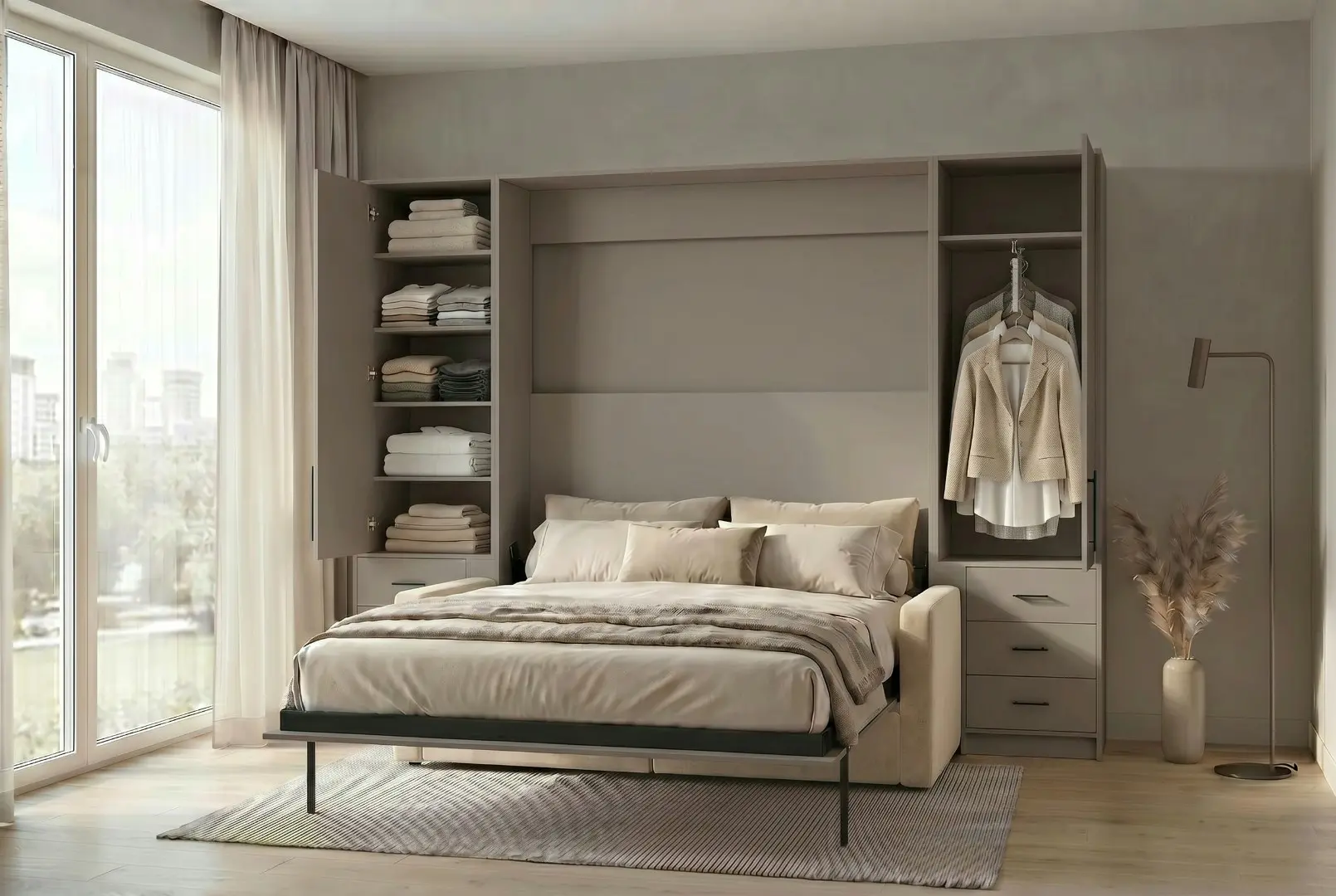 Шкаф-кровать трансформер Норд в цвете Серый камень с диваном Велюр Десерт Лайт 02 в разложенном виде
